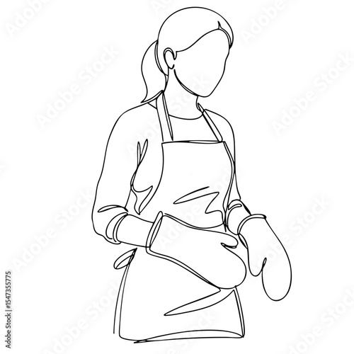 Vector line art of a female baker in apron with oven mitts, minimal kitchen attire illustration in black outline