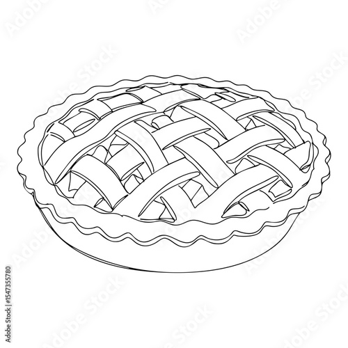 Vector line art of a classic lattice pie, top view dessert illustration with detailed crust design and clean outline