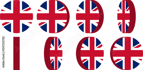Rotating 3D Style Round Circle UK United Kingdom Union Jack Flag Badge Icon Sprite Sheet for Game and App UI Animation. Vector Image.
