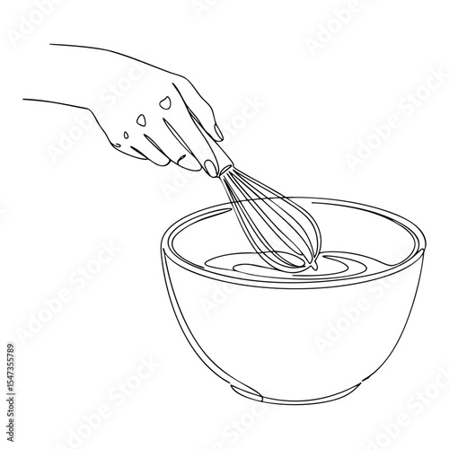 Vector line art of a hand whisking batter in a bowl, detailed kitchen cooking scene in minimalist black outline