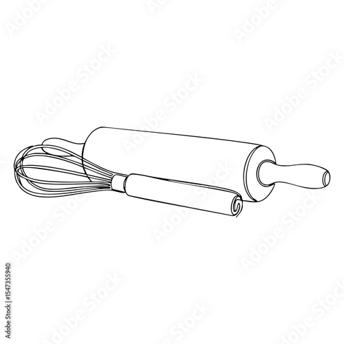 Vector line art of a rolling pin and whisk, essential tools for baking and cooking