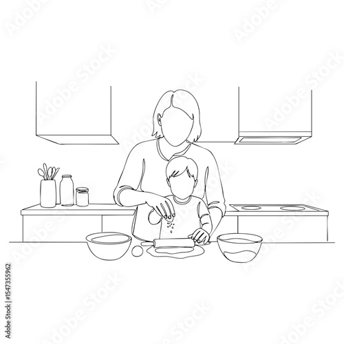 Vector line art of a mother and child baking together in the kitchen, family cooking scene