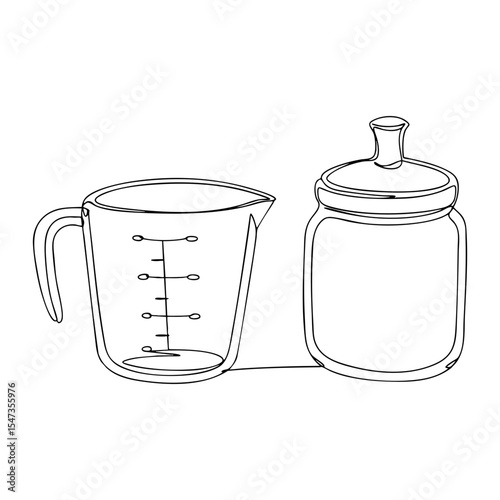 Vector line art of a measuring cup and lidded jar, basic ingredients containers in the kitchen