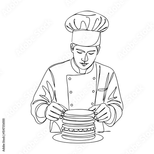 Vector line art of a pastry chef stacking pancakes with filling, shown in clean outline style for use in culinary projects and illustrations.