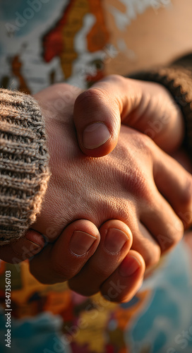 Close-up of a handshake against a blurred world map background, symbolizing global partnership, business deal, and international collaboration