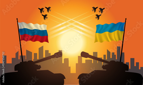 Russian vs Ukraine war conflict with burning sky background