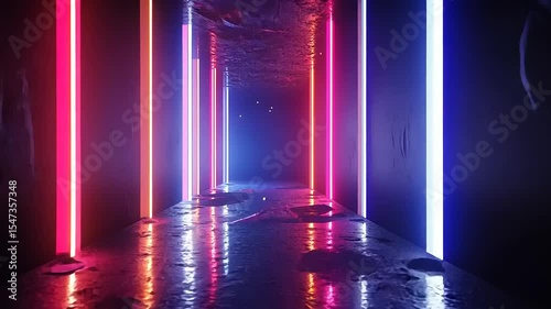 Neon-lit corridor with reflective floor and colorful lights creating a vibrant atmosphere