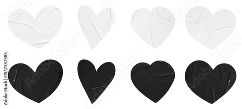 Set of vector hearts black and white stickers mockup. Blank labels of different shapes, Wrinkled paper emblems. Copy space. Stickers or patches for preview tags, labels