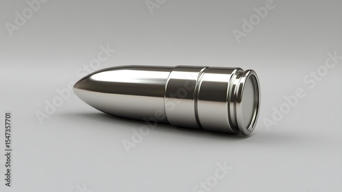 3D render of a silver bullet resting on a neutral surface, displaying a sharp, reflective shape.