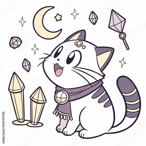 Vector illustration of a Excited Cat with with a scarf, styled in a Starlight Ball theme using Lunar Elegance colors