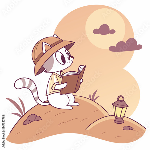 Vector illustration of a Funny Cat with reading a book, styled in a Desert sunset theme using Sundown Glow colors