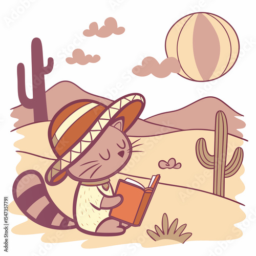 Vector illustration of a Funny Cat with reading a book, styled in a Desert sunset theme using Sundown Glow colors