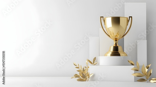 3D render of a golden trophy displayed on a white pedestal with golden leaves against a neutral wall.