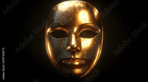 3D render of a smooth, gold mask with dark, empty eye sockets and a subtle, glossy texture.
