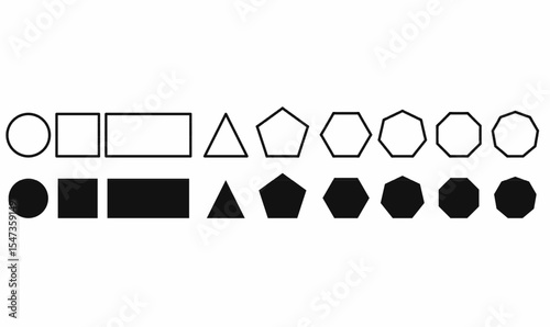 set of line and silhouette basic geometric or polygons shapes including circle, square, rectangle, triangle, pentagon, hexagon, heptagon, octagon, nonagon, and decagon in outline and solid styles.