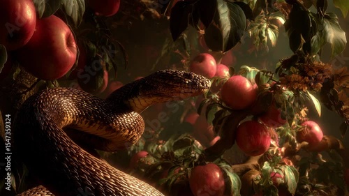Photorealistic depiction of a serpent entwined in a lush tree laden with red apples, evoking themes of temptation and knowledge from the Biblical story of Genesis. Serene, mystical, thought-provoking.