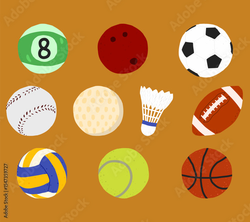 Vector illustration collection of various sports balls including soccer, basketball, volleyball, tennis, baseball, rugby, and more. Great for sport themed designs, educational materials, and athletic