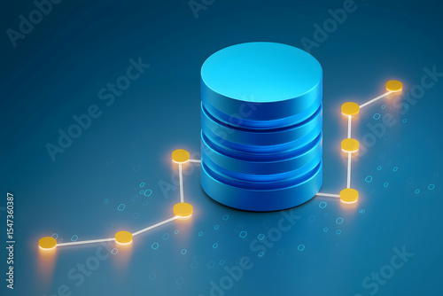 A digital illustration of a blue cylindrical database with a glowing network connection line and nodes against a dark blue background.