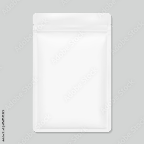 Resealable sachet bag mockup with zip lock and tear notch. Realistic vector illustration isolated on grey background. Flat lay view. Packaging for cosmetic, food, pet. Ready for your design. EPS10.