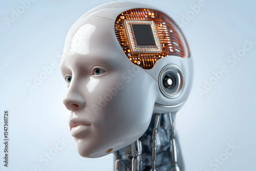 A futuristic humanoid robot head with exposed circuitry and a mechanical eye, symbolizing advanced artificial intelligence and technology.