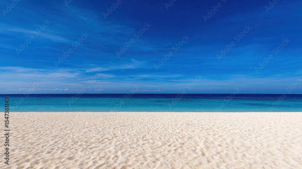 Fototapeta premium Serene beach landscape with pristine white sand and clear blue ocean under a bright sky