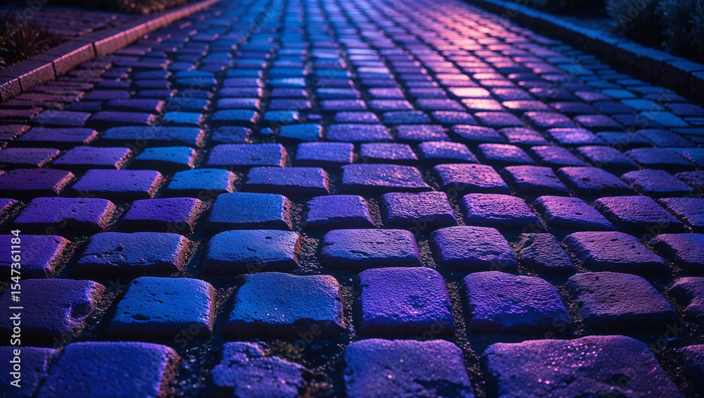 Fototapeta premium Cobblestone street illuminated with purple and blue lights at night