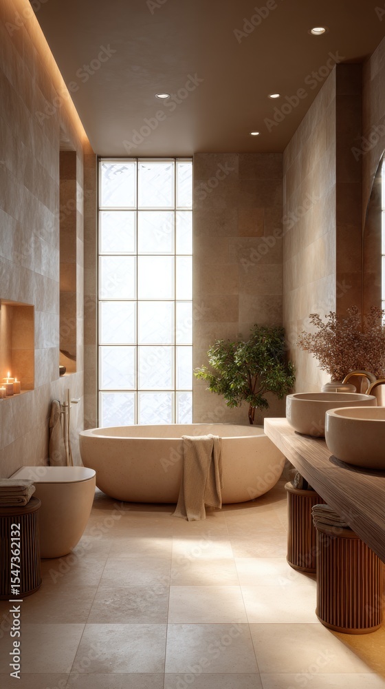 Fototapeta premium Natural Stone Elegance Modern Bathroom Design With Plants