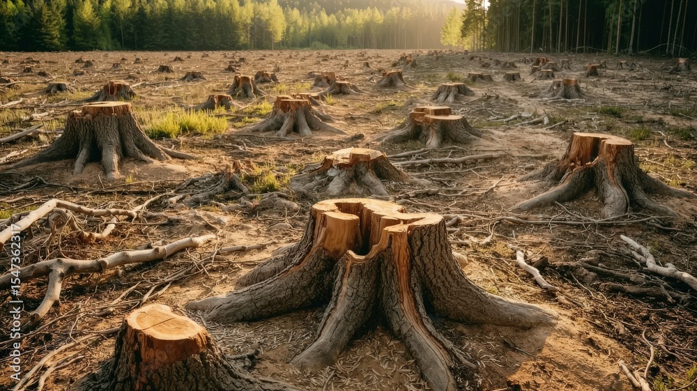 Fototapeta premium Deforested Landscape with Tree Stumps and Forest in the Background