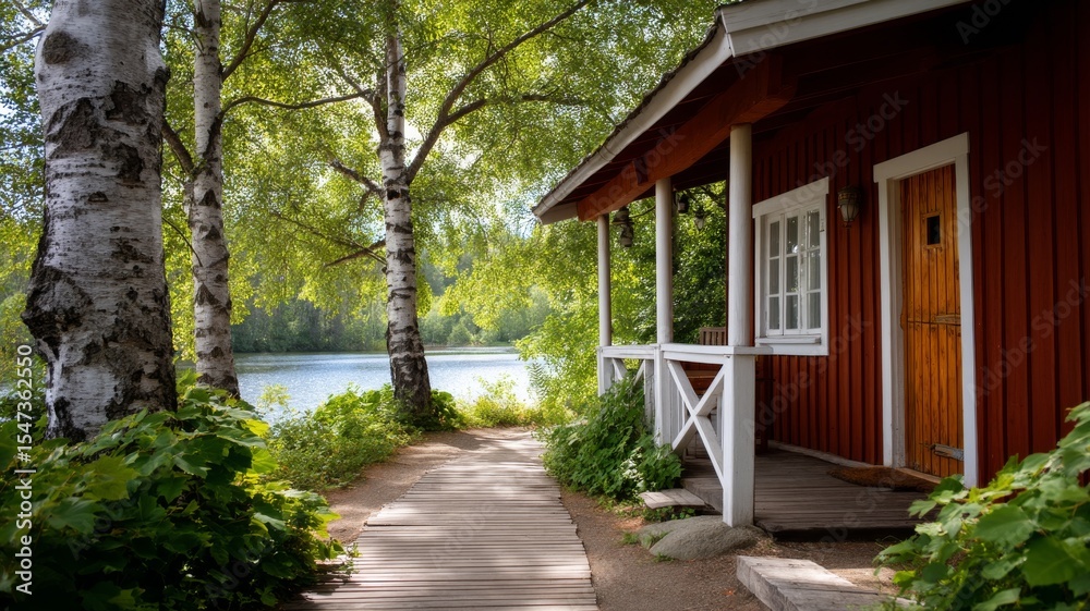 Serene rural scene featuring cozy wooden cabin by tranquil lake surrounded by lush greenery and birch trees Serene rural scene featuring cozy wooden cabin by tranquil lake surrounded by lush greenery and birch trees