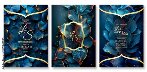 Luxury blue floral wedding invitation template, business brochure template, flyer design, universal background, versatile vector background, creative brochure template, party invitation template