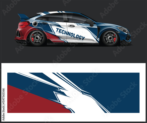 Sporty Car Wrap Design with Technology Theme and Red and Blue Accents