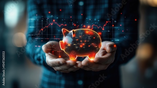 A businessman holding a glowing digital piggy bank over a financial chart projection