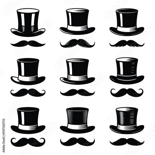 Nine top hats and mustaches set isolated on white background
