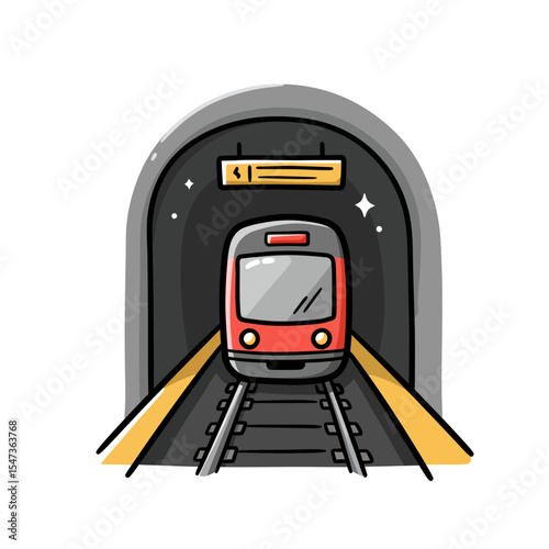 Cartoon Train Emerging from Tunnel, Artistic Illustration for Transportation and Travel Concepts, Modern City Underground Subway Design, Rail Transport and Urban Infrastructure