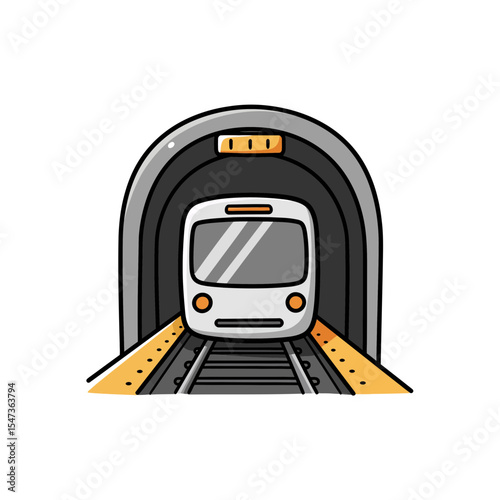 Cartoon Subway Train Emerging from Tunnel, Illustrated Modern Public Transportation System for City Commute in a Fun and Engaging Style