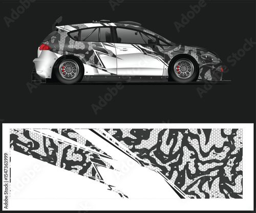 Rally Car Wrap Design with Abstract Camouflage Pattern in Black and White