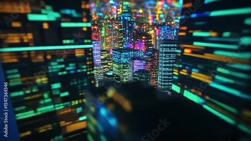 Vibrant city skyline at night with illuminated skyscrapers and colorful lights in the background