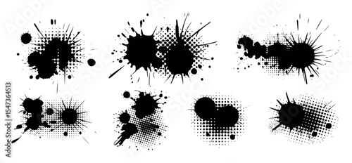 Set of Black Ink Splatters and Halftone Grunge Stains Vector Collection Abstract Paint Drops and Blots