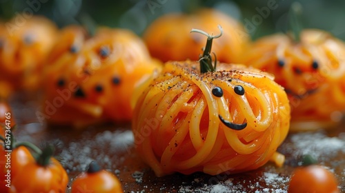 Creative Halloween pasta dish shaped like smiling pumpkins with herbs and tomato sauce, great for holiday food blogs and spooky recipe features.