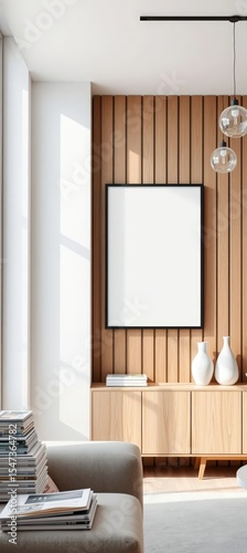 a blank framed poster hanging on a wooden slat wall