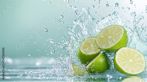 Limes burst into water, creating a beautiful splash that captures the essence of refreshing drinks, emphasizing rejuvenation and the joy of vibrant flavors.