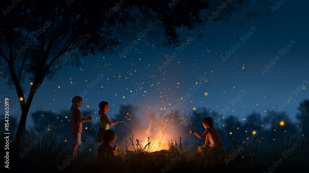 Children gather around a campfire during a warm summer evening, enjoying stories and roasting marshmallows under a starry sky Children gather around a campfire during a warm summer evening, enjoying stories and roasting marshmallows under a starry sky
