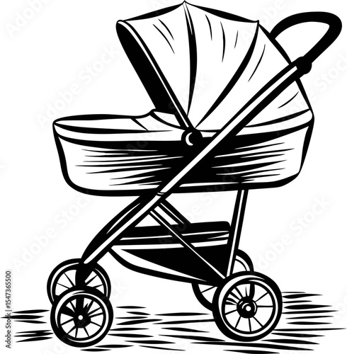 Retro illustration of classic baby stroller with canopy and large wheels isolated on white background