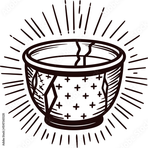 Kintsugi bowl illustration showing cracked ceramic vessel repaired with golden lines in vintage hand drawn