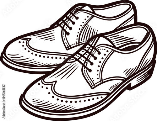 Hand drawn classic leather dress shoes illustration with detailed brogue pattern and laces, vintage engraved