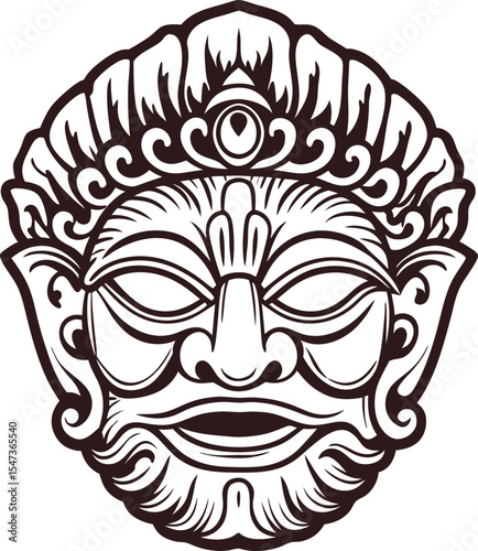 Traditional balinese mask illustration in vintage engraving with intricate facial details and ornamental headdress