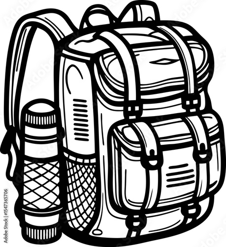 Detailed black and white sketch of a hiking backpack with multiple pockets and attached water bottle