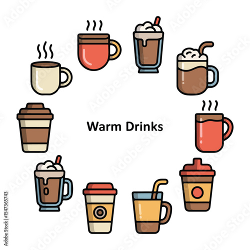 Hot beverage icon collection with cups and mugs.