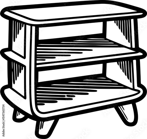 Hand drawn retro wooden shelf with open compartments and rounded edges in vintage engraving
