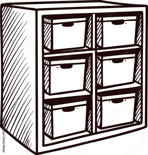 Hand drawn storage cabinet with six rectangular drawers organized in two columns and three rows, vintage sketch